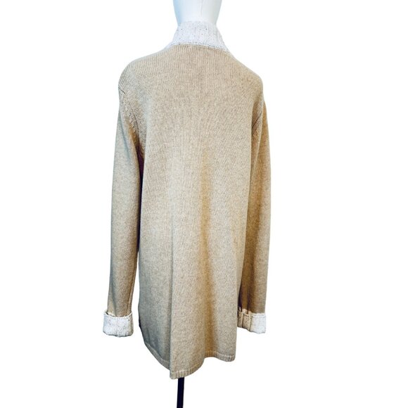 A.IDA Cable Knit Oatmeal Beige Long Cardigan L Open Front Toggle Closure Sweater - Picture 8 of 10